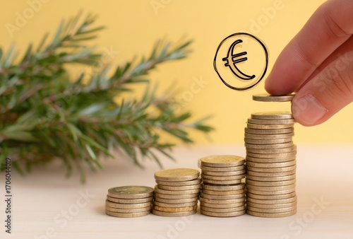 A hand stacks coins into ascending columns with a floating Euro symbol. Green foliage is in the background against a yellow wall on a wooden surface