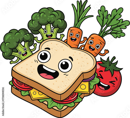 Cute Cartoon Sandwich and Veggies Vector Collection