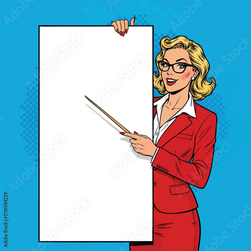 Confident blonde business woman in a red suit and glasses holding a pointer and a blank presentation board.