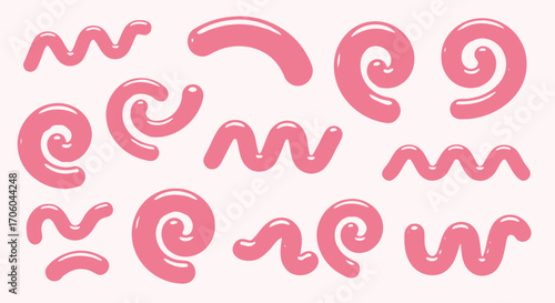 A collection of glossy pink 3D squiggles, swirls, and zig-zag shapes resembling icing or cream.