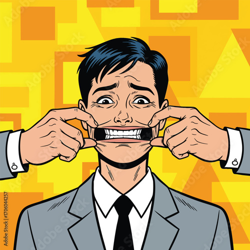 Distressed businessman in a pop art style with hands forcing a painful fake smile.