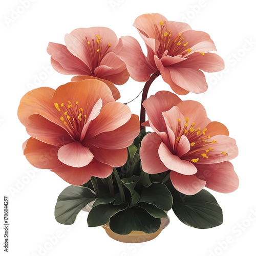 Pink and Orange Flowers in a Golden Pot on White Background bloom blossom