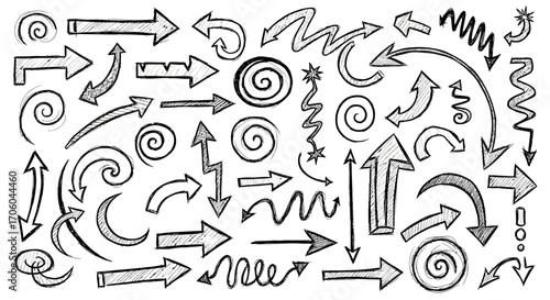 Collection of hand-drawn arrows in various shapes and directions, perfect for design elements.