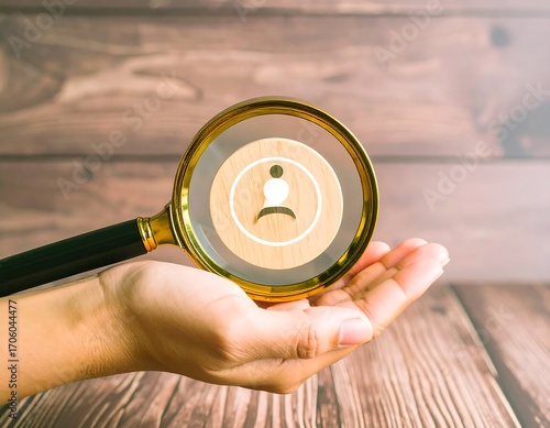 Hand holding magnifying glass over person icon on wooden surface