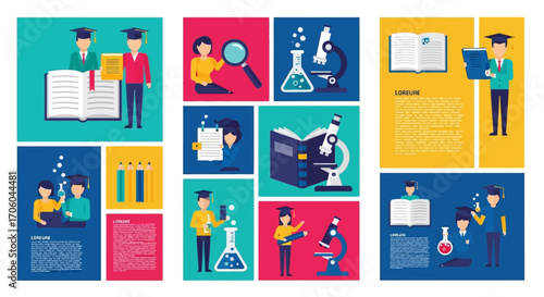 Students studying science, books, and experiments.