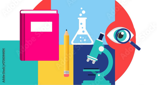 Colorful graphic design featuring a book, pencil, beaker, microscope, and magnifying glass, suggesting science education or learning.