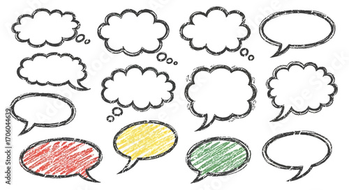 Collection of hand-drawn speech bubbles in various shapes and colors.