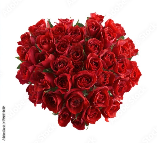Top-down view of a dense cluster of red roses with green leaves, set against a pure white background. Romantic, classic, and vibrant