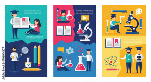 Illustrations depicting students engaged in various scientific and educational activities, including reading, conducting experiments, and using microscopes.