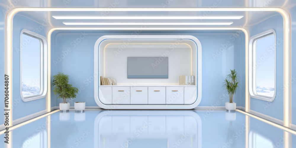 Fototapeta premium Futuristic blue interior data folder with sleek cabinet and plants creating calm modern living space gentle light and airy mood