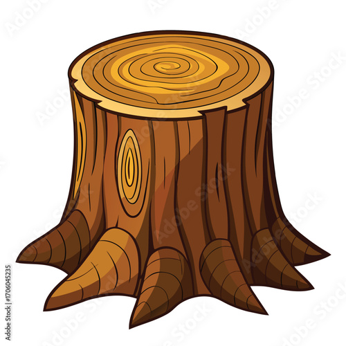 Cartoon Tree Stump Illustration Featuring Growth Rings and Root Details