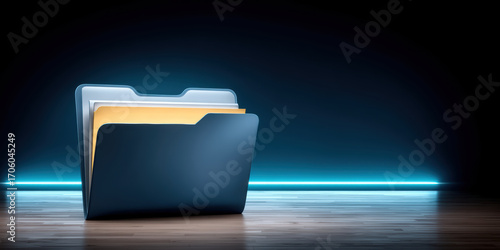 Folder and data concept folder with glowing blue folder and yellow file inside on wooden floor conveying digital storage confidence and calm