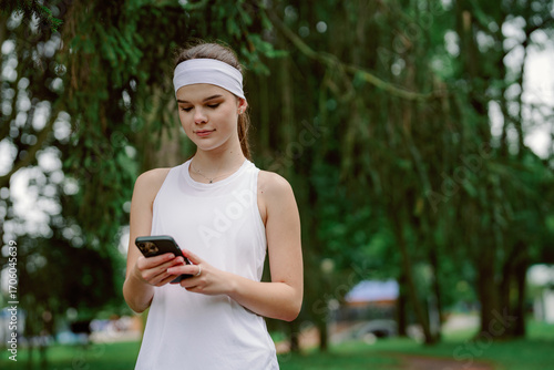 Fotografía A young woman in athletic wear stands in a lush green park, focused on her smartphone