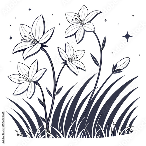 Black and white line art illustration of stylized lilies blooming in a field with stars in the background.