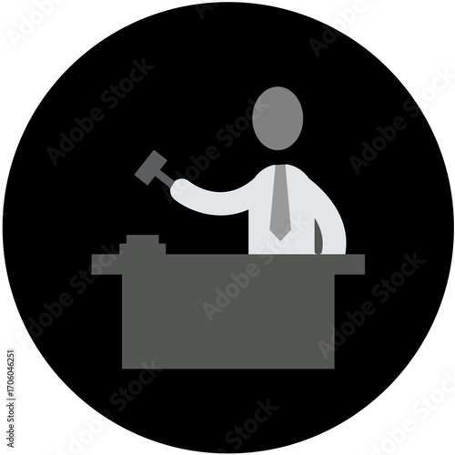 Auctioneer's Verdict: Depicting an auctioneer holding a gavel, poised to finalize a sale. This vector illustrates the pivotal moment in an auction.AI