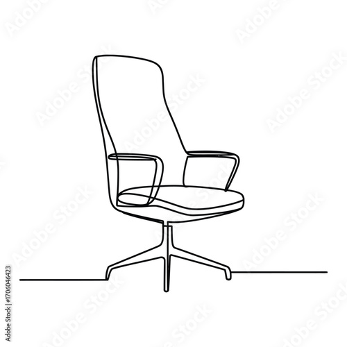 Minimalist black and white line art icon of a modern office chair with armrests and high back shown in side profile