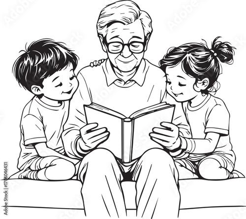 Storytime Silhouette Vector in Black Featuring Elderly Person Reading to Children for Family Bonding, Learning, and Generational Themes