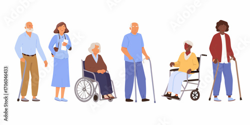 Diverse group of elderly people with mobility aids including wheelchairs and canes standing together