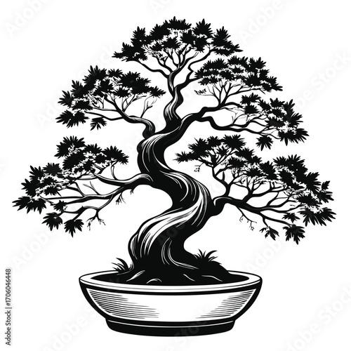Monochrome Bonsai Tree Illustration Artistic Depiction of Nature's Elegance Minimalist Design Captivating Botanical Art