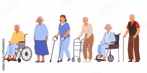 Diverse group of elderly people and a caregiver using mobility aids in a line