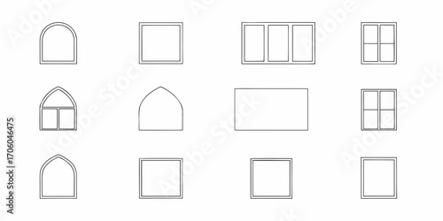 Collection of architectural window outline icons featuring various shapes and divisions for design and illustration