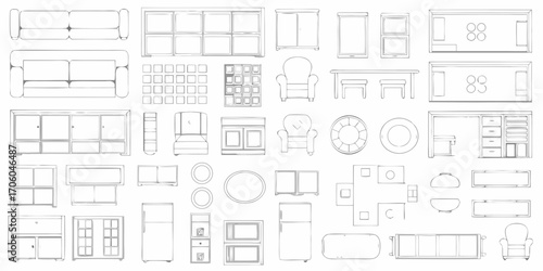 Collection of hand drawn furniture sketches including sofas chairs tables cabinets and appliances