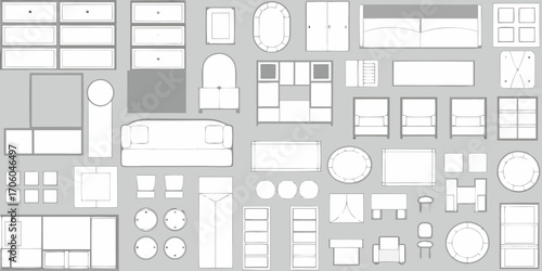 Collection of top down furniture icons and symbols for interior design layouts