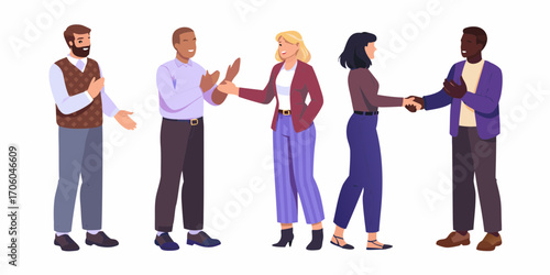 Diverse group of five business professionals in casual attire interacting and shaking hands on a white background