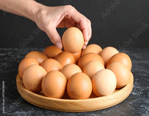 Hand placing egg on a pile of eggs