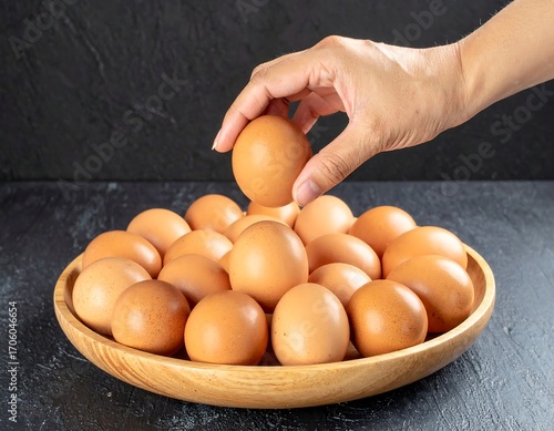 Hand placing an egg atop a pile of eggs in a wooden bowl