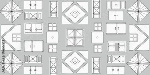 Collection of hand drawn architectural elements and furniture designs on a gray background