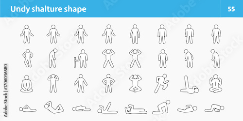 Collection of simple line art human figures in various poses and actions representing different postures and movements