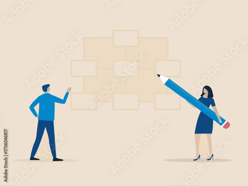 Business team collaborating to create a flowchart or organizational chart with a large pencil