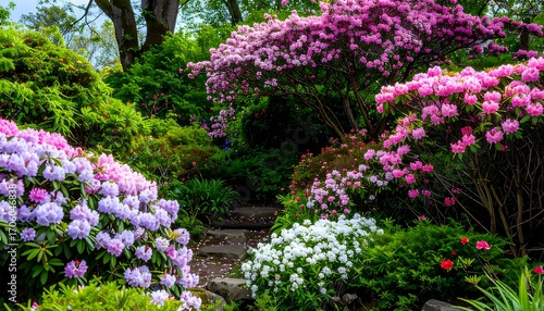 Lush garden path winds through vibrant, blooming rhododendrons of varying colors and shades