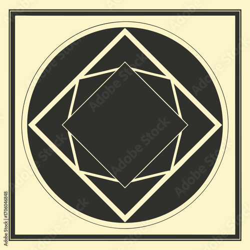 A geometric abstract design featuring concentric squares and circles in dark gray and cream colors.