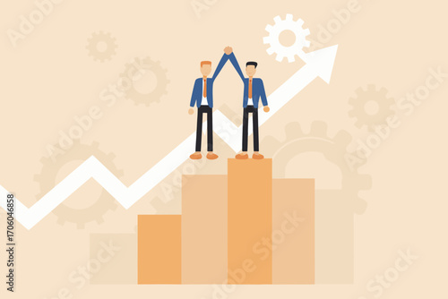 Two businessmen celebrating success on top of a bar graph with an upward arrow and gears in the background