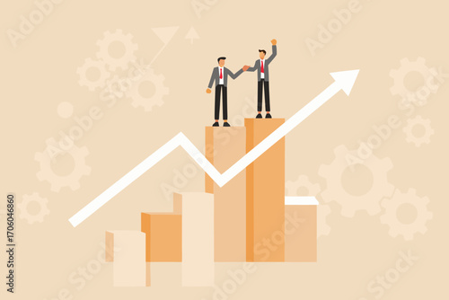 Two businessmen celebrating success on a rising bar graph with an upward arrow and gears in the background