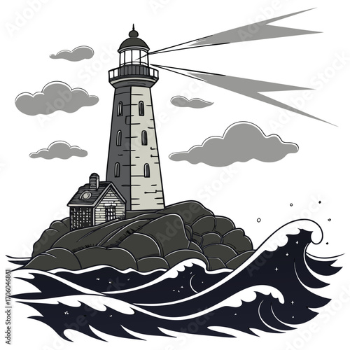 A lighthouse stands tall on a rocky island, emitting beams of light into a cloudy sky, with waves crashing against the shore.
