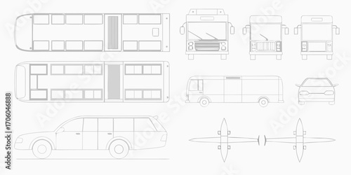 Collection of vehicle blueprints and outlines including buses a car and airplanes on a white background