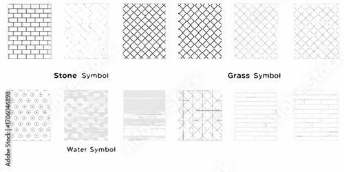 Collection of hand drawn texture symbols representing stone grass and water for design and illustration