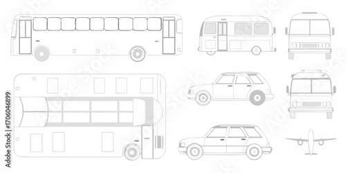 Collection of simplified line art vehicles including buses cars and an airplane on a white background