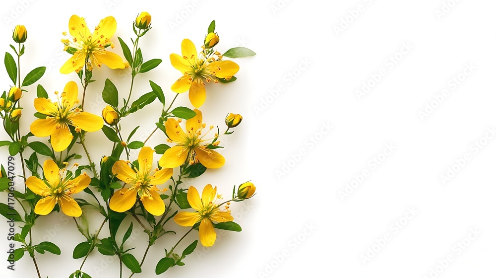 Obraz premium Hypericum Perforatum Flowers and Buds, Green Leaves on a White Background, Still Life