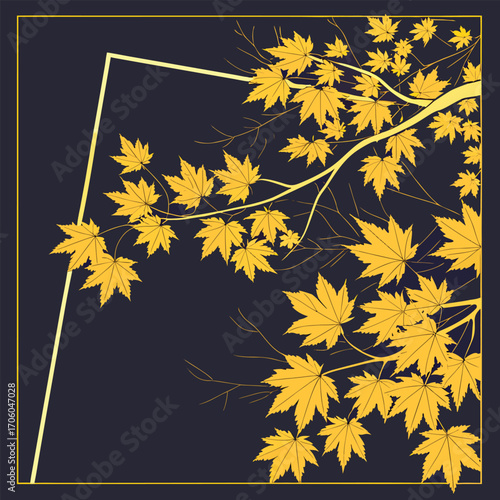 Golden yellow maple leaves on branches against a dark navy blue background with a decorative corner frame.