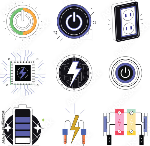 Collection of power and energy icons including power buttons electrical outlets and battery symbols