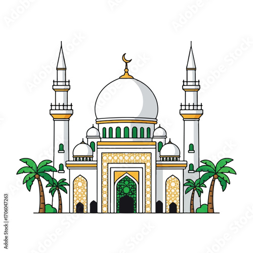 Illustration of a white and gold mosque with a large central dome, two minarets, and palm trees in front on a white background.