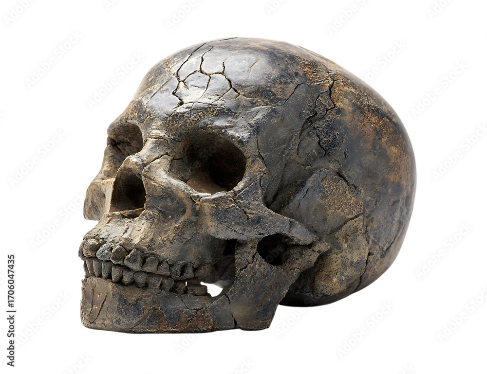 Fototapeta premium Ancient weathered human skull isolated on transparent background