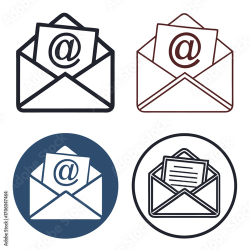 Four variations of an email envelope icon, showcasing different styles and colors.