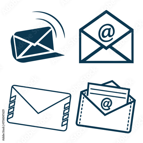 Four email icons in blue outline, including open and closed envelopes.