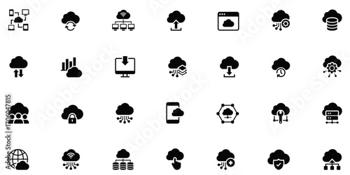 Cloud service & computing solid icon set. Features data storage, network, server, sync, transfer, software, data security, and hosting symbols. Professional, minimal vector collection perfect for tech