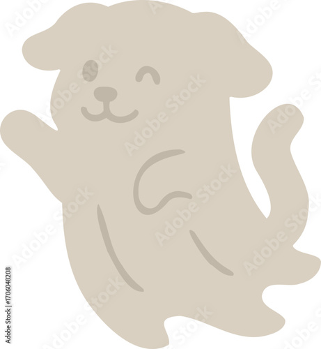 dog dressed as a ghost, winking playfully with a happy expression and a wagging tail, designed in a light beige Halloween style.